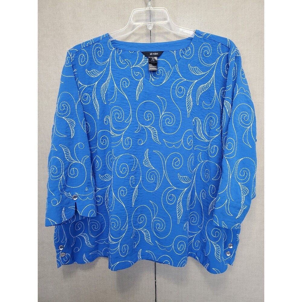 Ali Miles Electric Blue Embroidered V-Neck Button-Accent Popover Top Size 2X